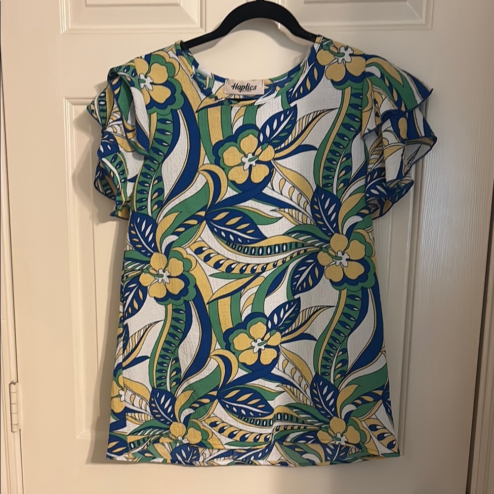 Haptics by Holly Harper Floral Print Women's Top - Blue and Yellow